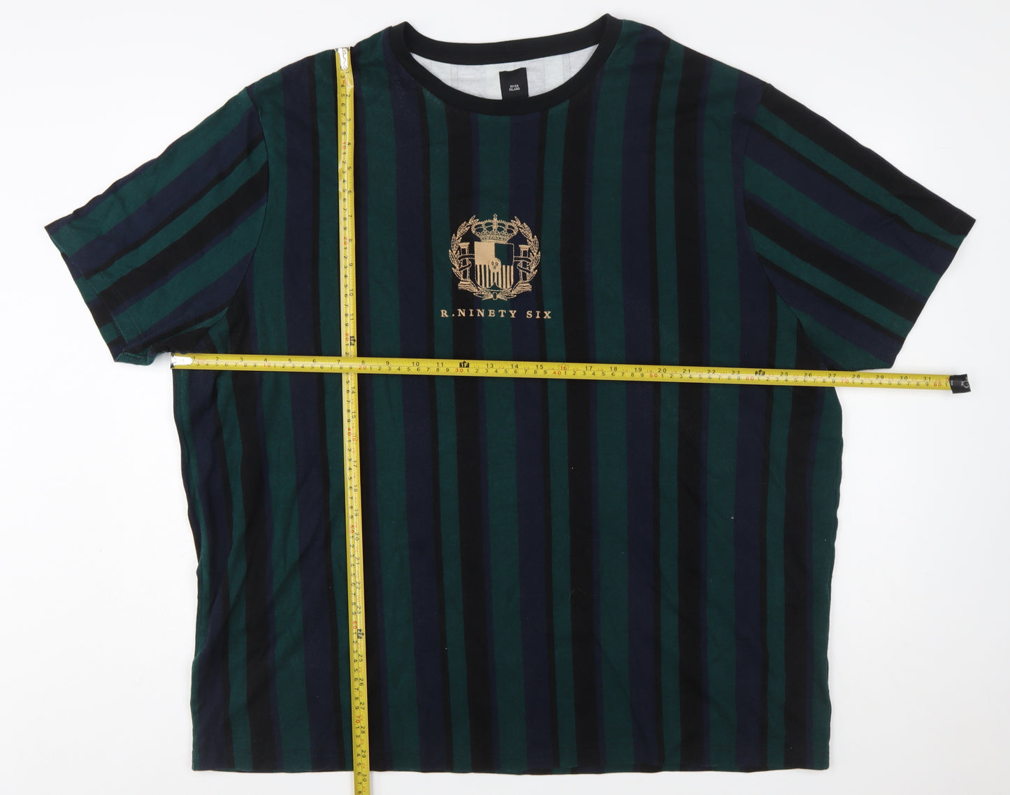 River Island Men's Navy Green Striped Crew Neck T-Shirt 3XL Classic Cotton