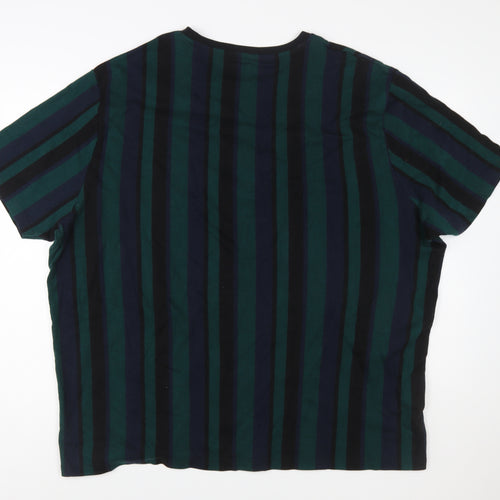 River Island Men's Navy Green Striped Crew Neck T-Shirt 3XL Classic Cotton