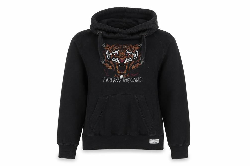 Front view of Hari and The Gang Women's Black Tiger Pullover Hoodie, size S