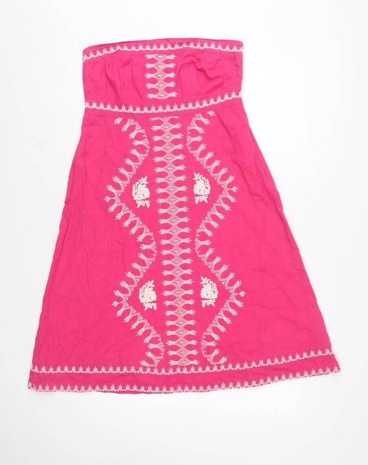 Monsoon Women's Pink Embroidered Cotton Strapless A-Line Dress Size 10