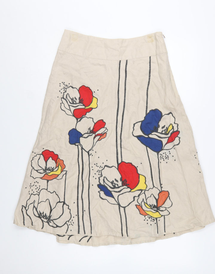 Monsoon Women Beige Floral A-Line Knee Length Skirt Size 8