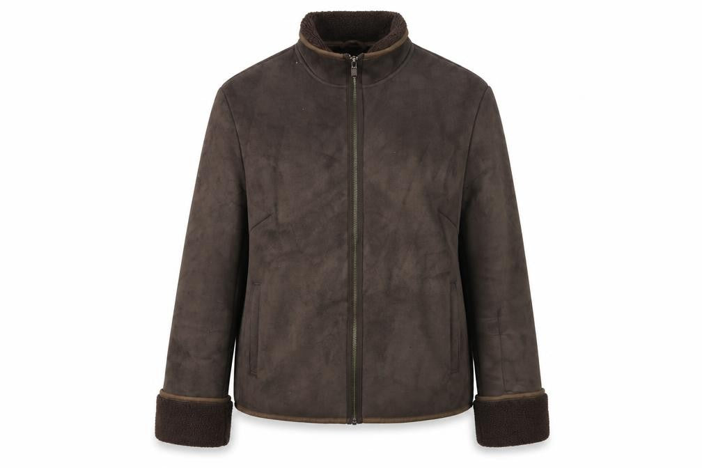Front view of Next women’s brown faux shearling zip jacket, size UK 14