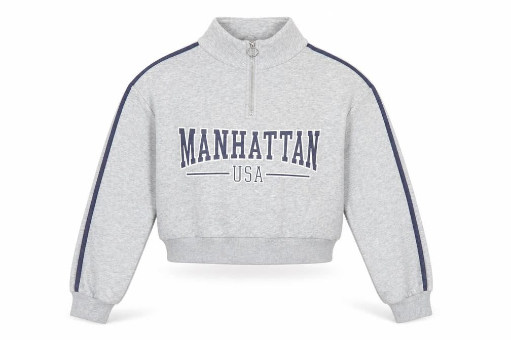 Front view of H&M Divided Women's Grey 1/4 Zip Manhattan USA Sweatshirt, size S