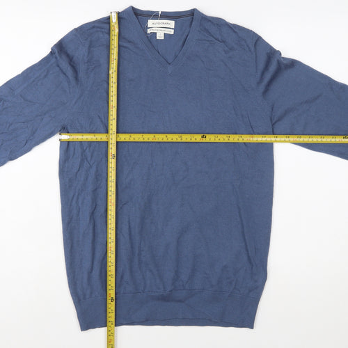 Marks and Spencer Mens Blue Merino Wool V-Neck Jumper S