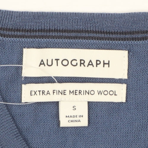 Marks and Spencer Mens Blue Merino Wool V-Neck Jumper S