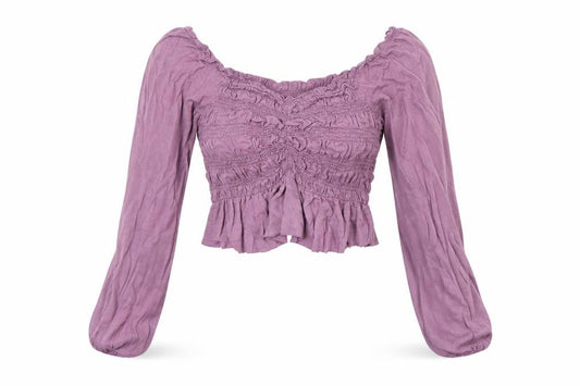 Front view of Urban Outfitters Women’s Purple Cropped Smocked Long Sleeve Blouse XS
