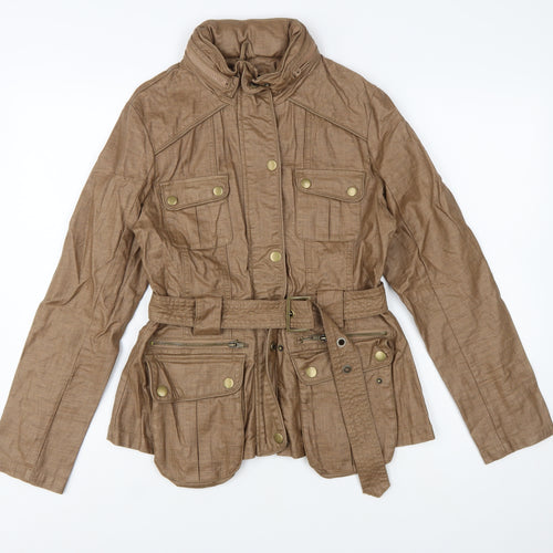 Next Women’s Brown Linen Blend Military Jacket Size 10 Belted Mid-Length