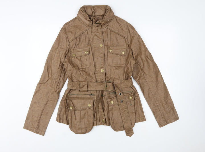Next Women’s Brown Linen Blend Military Jacket Size 10 Belted Mid-Length