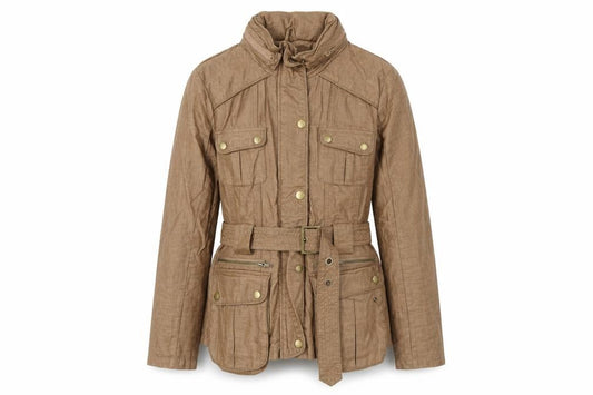 Front view of Next Women’s Brown Linen Blend Military Jacket, size UK 10, Belted Mid-Length
