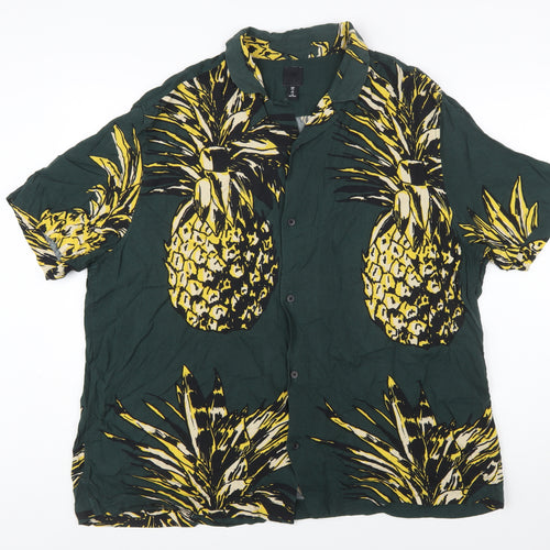 H&M Men's Green Tropical Pineapple Viscose Short Sleeve Shirt 2XL