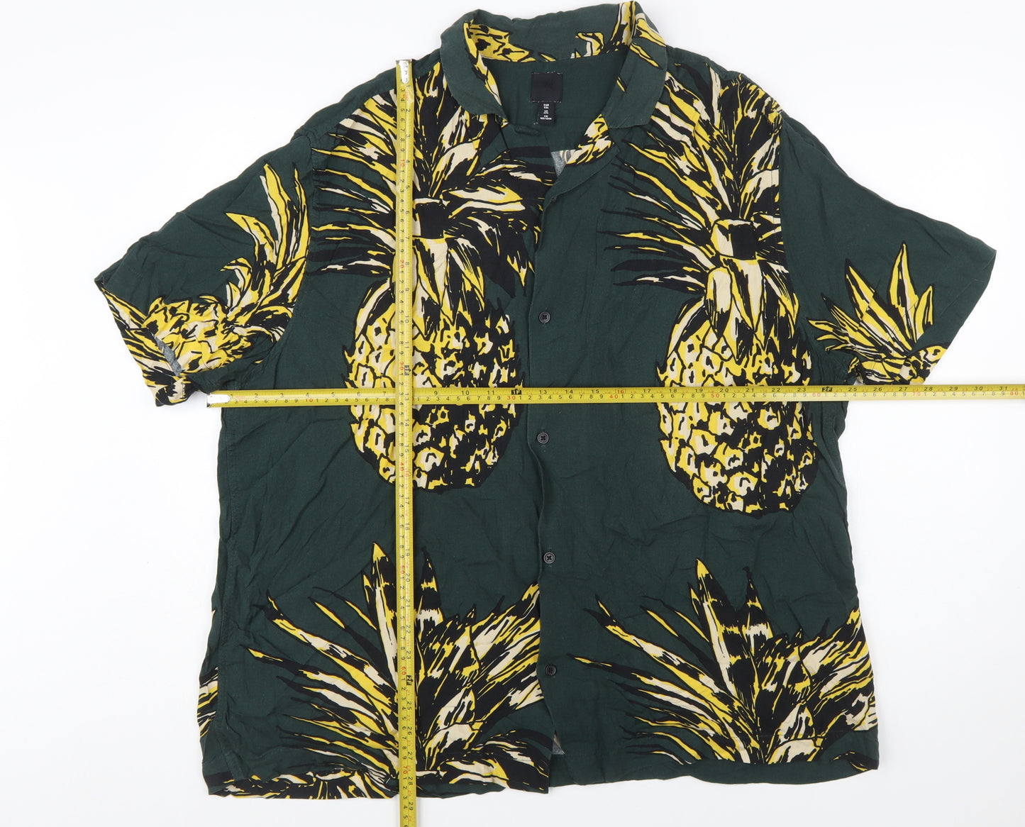 H&M Men's Green Tropical Pineapple Viscose Short Sleeve Shirt 2XL