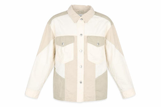 Front view of Topshop Women Beige Cotton Panelled Button-Up Jacket M