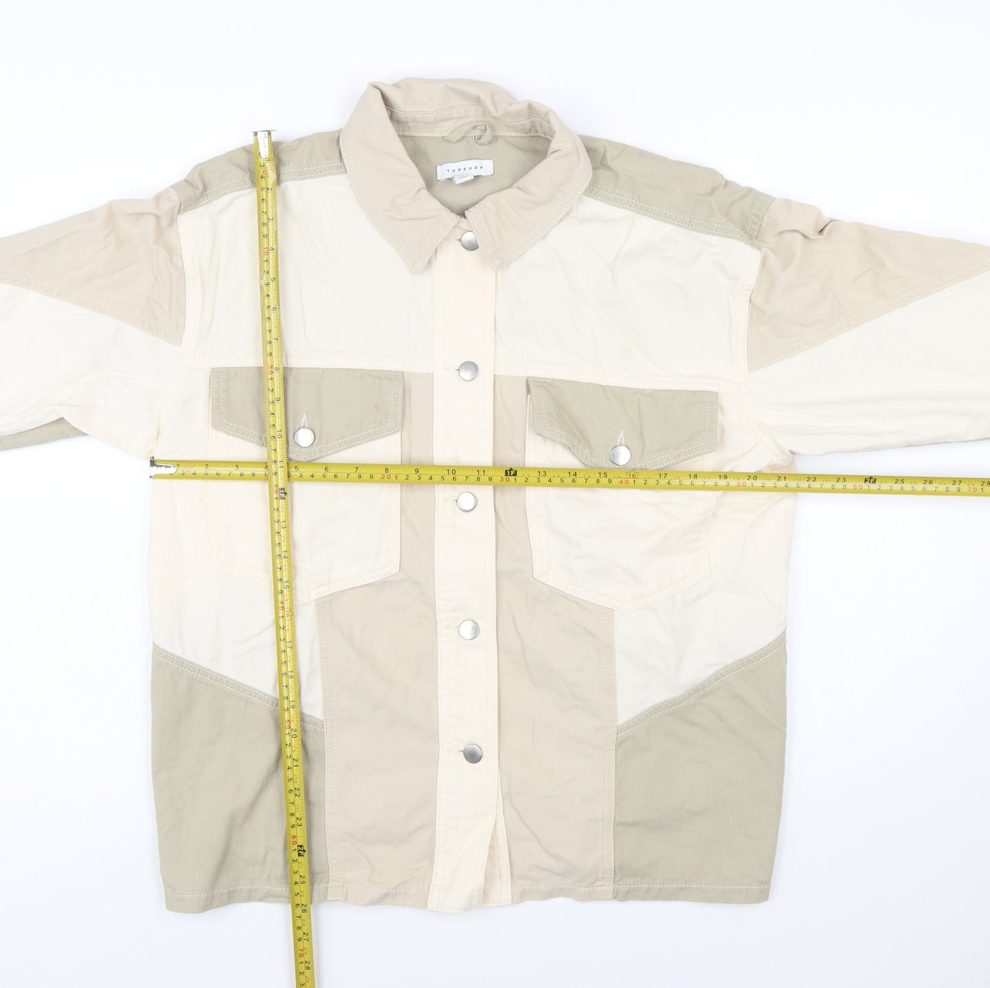 Topshop Women Beige Cotton Panelled Button-Up Jacket M