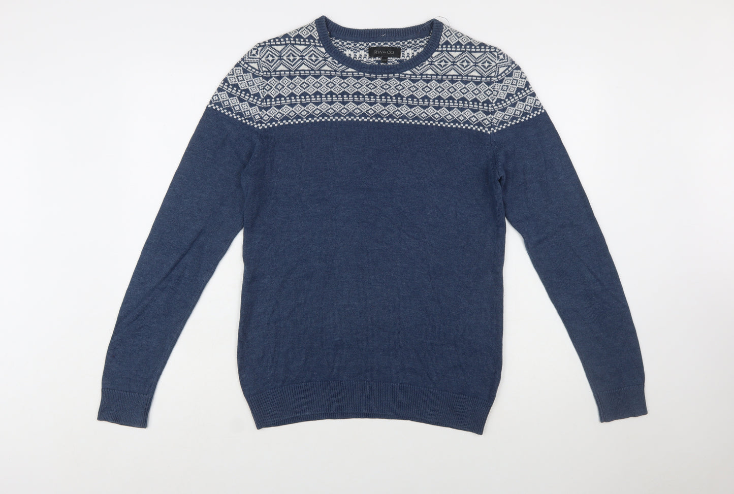 RW&CO. Men’s Blue Fair Isle Crew Neck Jumper XS