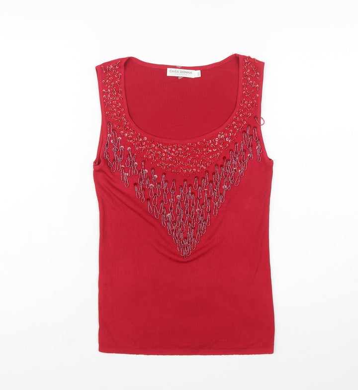 Casa Donna Womens Red Beaded Tank Top M Sleeveless Stretch Jersey