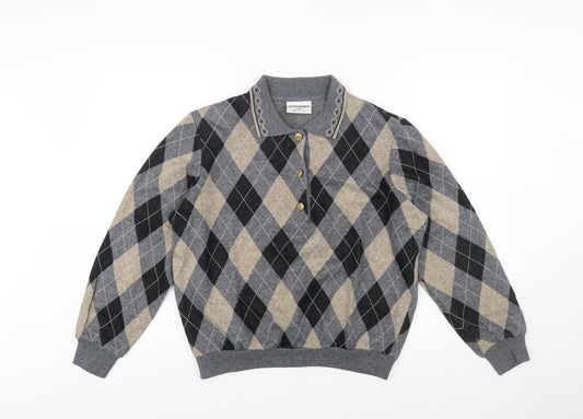 Alfred Dunner Men’s Grey Argyle Collared Henley Knit Jumper S