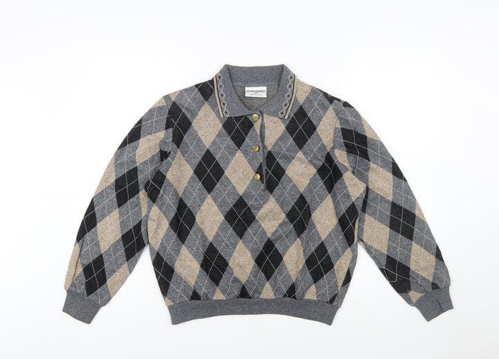 Alfred Dunner Men’s Grey Argyle Collared Henley Knit Jumper S