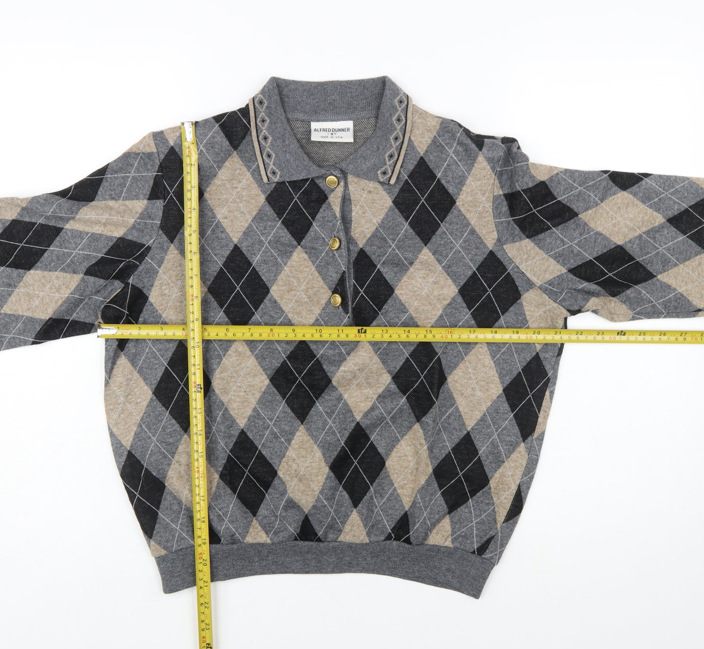 Alfred Dunner Men’s Grey Argyle Collared Henley Knit Jumper S
