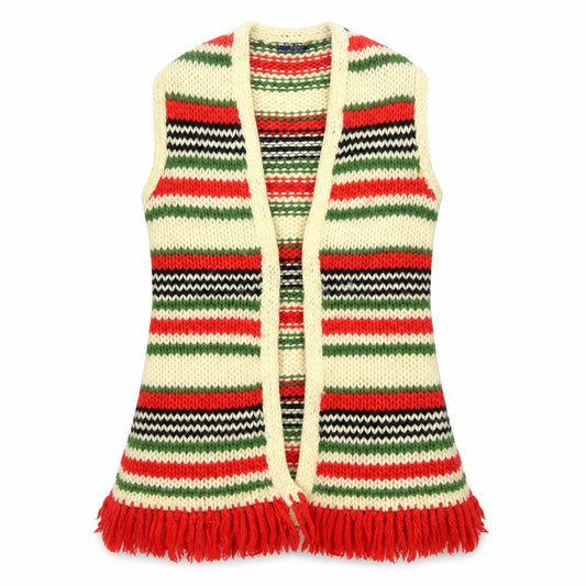 Front view of Hand Loomed Import Women's Multicoloured Wool Knit Fringe Vest M