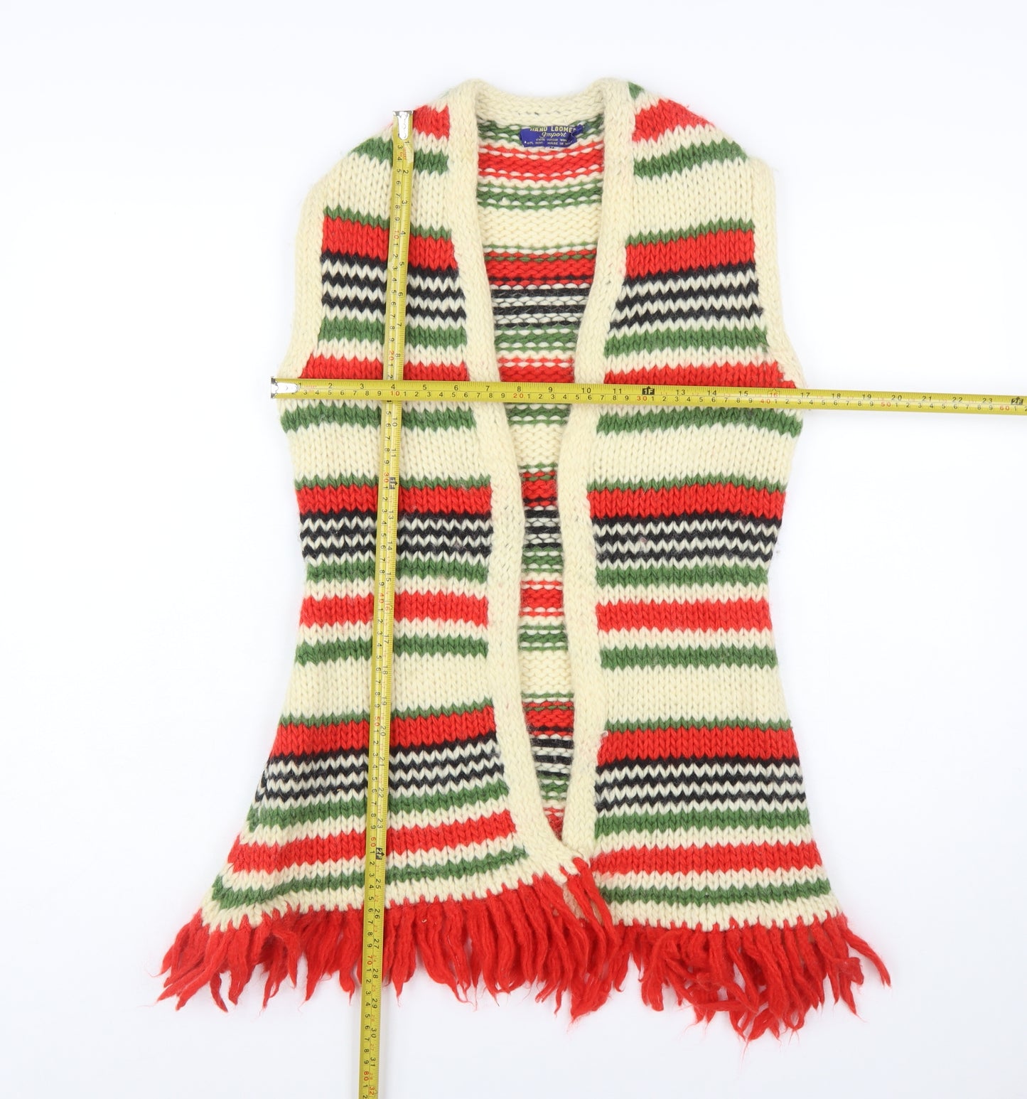 Hand Loomed Import Women's Multicoloured Wool Knit Fringe Vest M