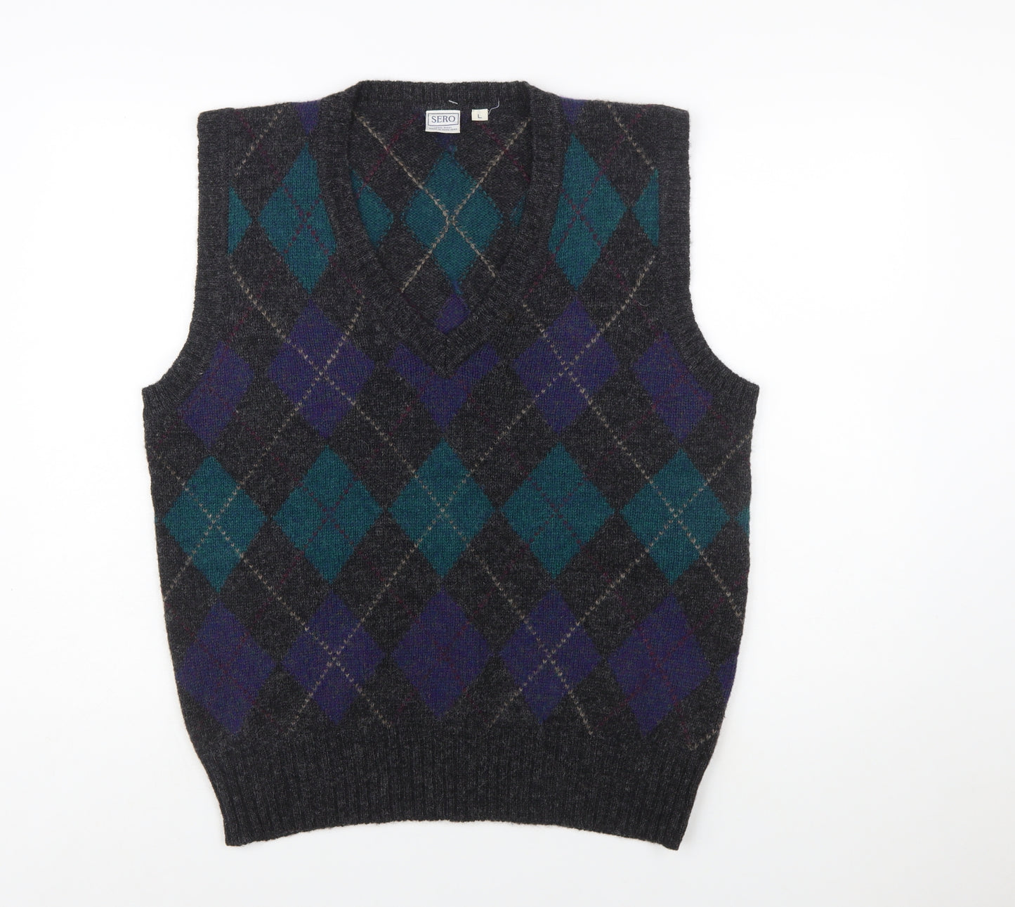 Sero Men's Grey Argyle Wool Sleeveless Vest Jumper L Classic Knit