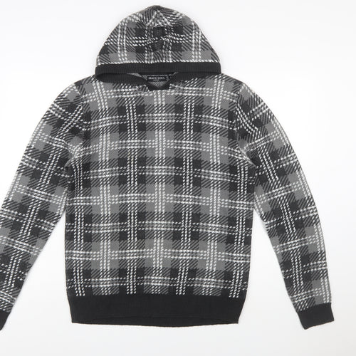 Brave Soul Men's Grey Check Hooded Pullover Knit Jumper Size M