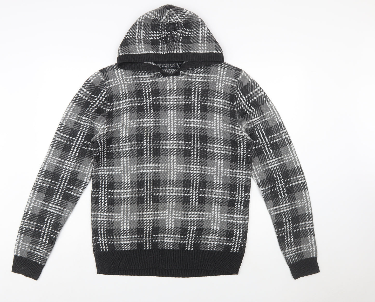 Brave Soul Men's Grey Check Hooded Pullover Knit Jumper Size M