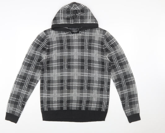 Brave Soul Men's Grey Check Hooded Pullover Knit Jumper Size M