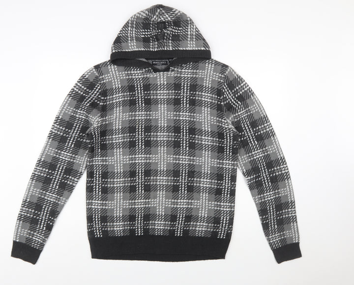 Brave Soul Men's Grey Check Hooded Pullover Knit Jumper Size M