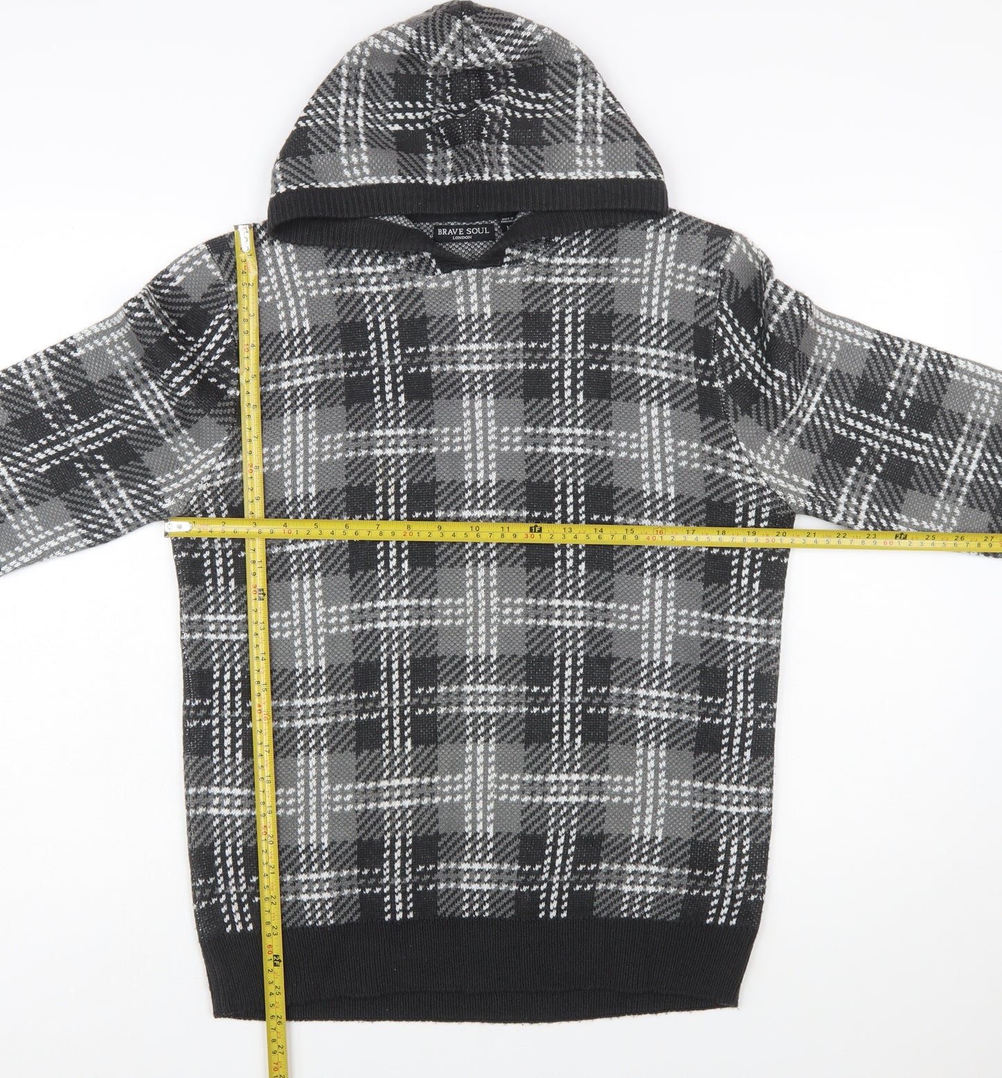 Brave Soul Men's Grey Check Hooded Pullover Knit Jumper Size M