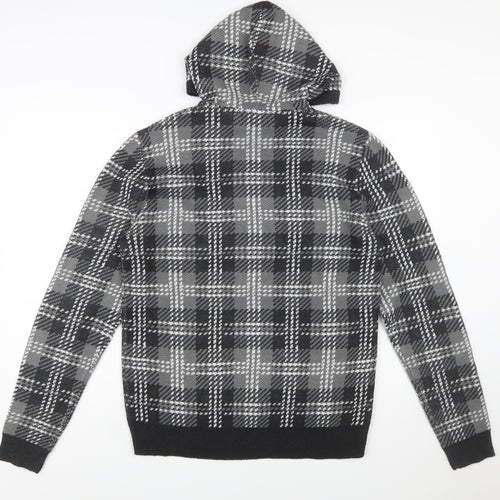 Brave Soul Men's Grey Check Hooded Pullover Knit Jumper Size M