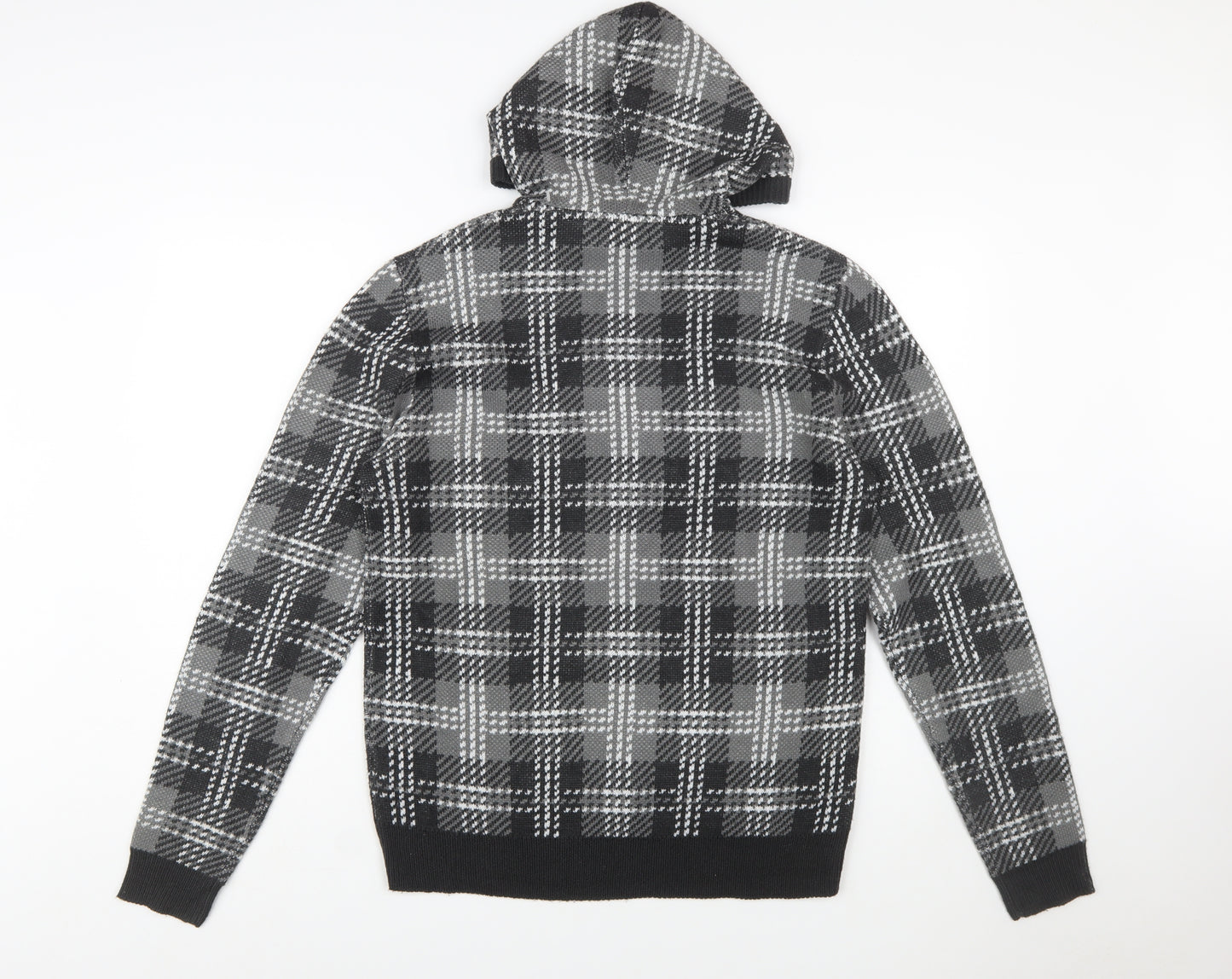 Brave Soul Men's Grey Check Hooded Pullover Knit Jumper Size M