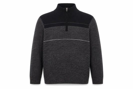 Front view of Dockers men’s grey acrylic 1/2 zip high neck jumper, size L