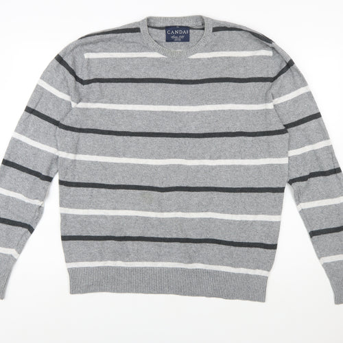 C&A Men's Grey Striped Cotton Blend Crew Neck Jumper XL