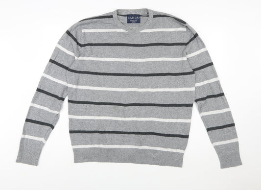 C&A Men's Grey Striped Cotton Blend Crew Neck Jumper XL