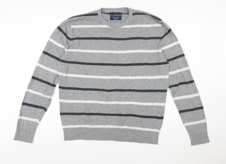 C&A Men's Grey Striped Cotton Blend Crew Neck Jumper XL