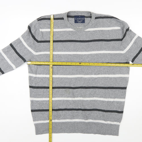 C&A Men's Grey Striped Cotton Blend Crew Neck Jumper XL