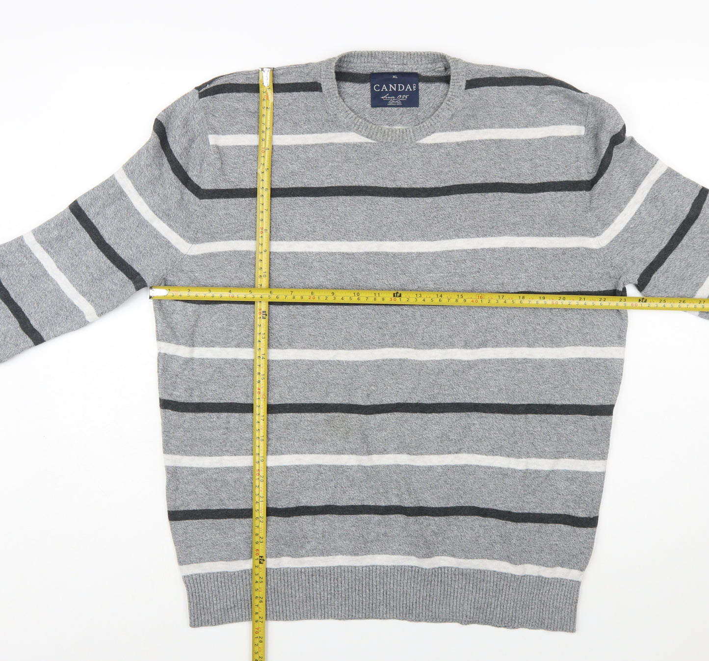 C&A Men's Grey Striped Cotton Blend Crew Neck Jumper XL
