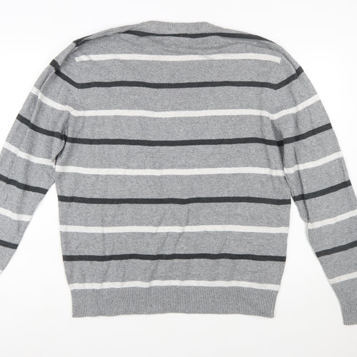 C&A Men's Grey Striped Cotton Blend Crew Neck Jumper XL