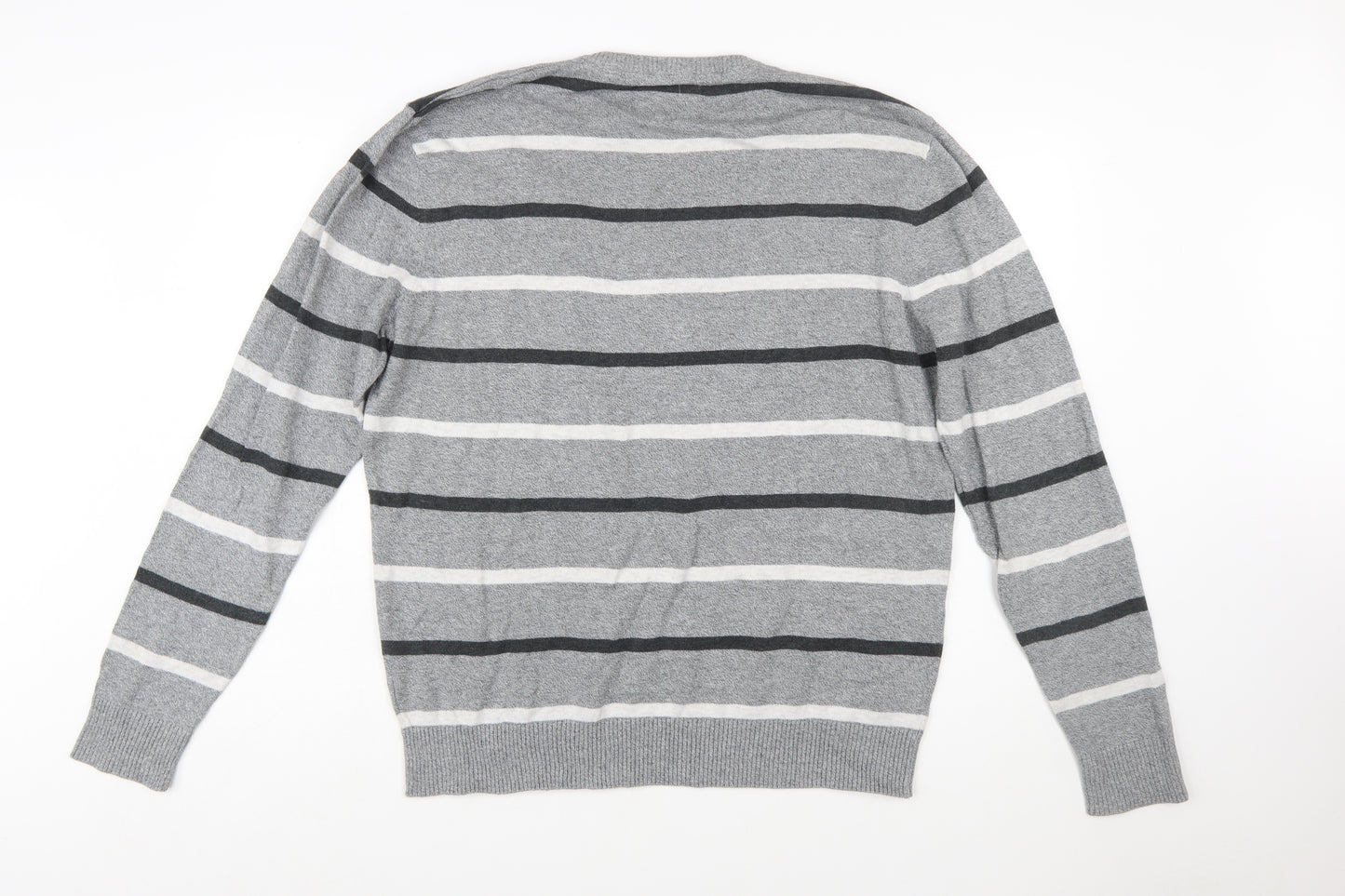 C&A Men's Grey Striped Cotton Blend Crew Neck Jumper XL