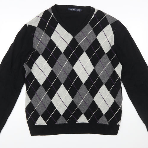 Nautica Men’s Black Argyle V-Neck Wool Blend Jumper XL