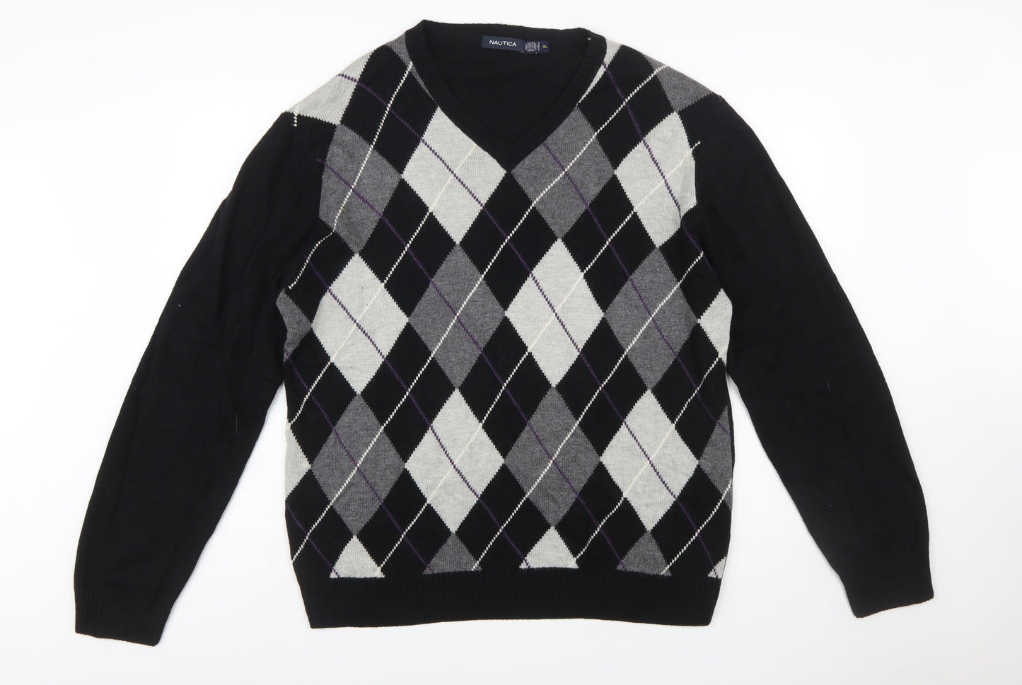 Nautica Men’s Black Argyle V-Neck Wool Blend Jumper XL
