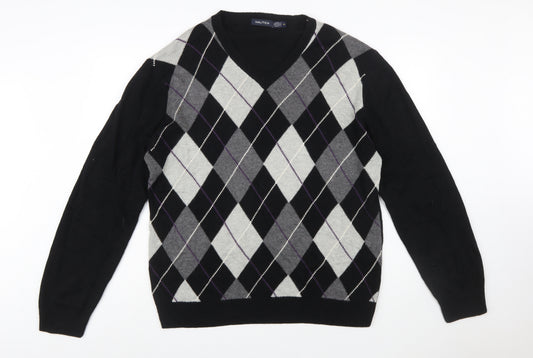 Nautica Men’s Black Argyle V-Neck Wool Blend Jumper XL