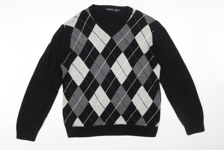 Nautica Men’s Black Argyle V-Neck Wool Blend Jumper XL