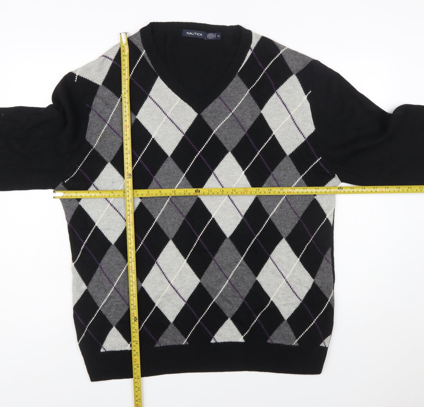 Nautica Men’s Black Argyle V-Neck Wool Blend Jumper XL