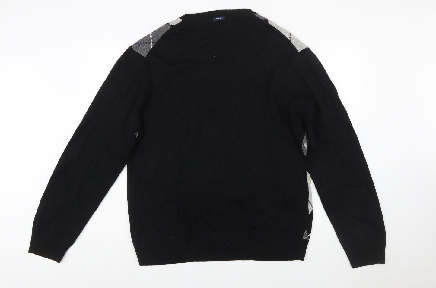Nautica Men’s Black Argyle V-Neck Wool Blend Jumper XL