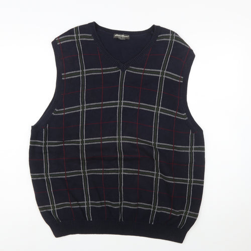 Eddie Bauer Men's Blue Check Cotton V-Neck Sleeveless Vest XL