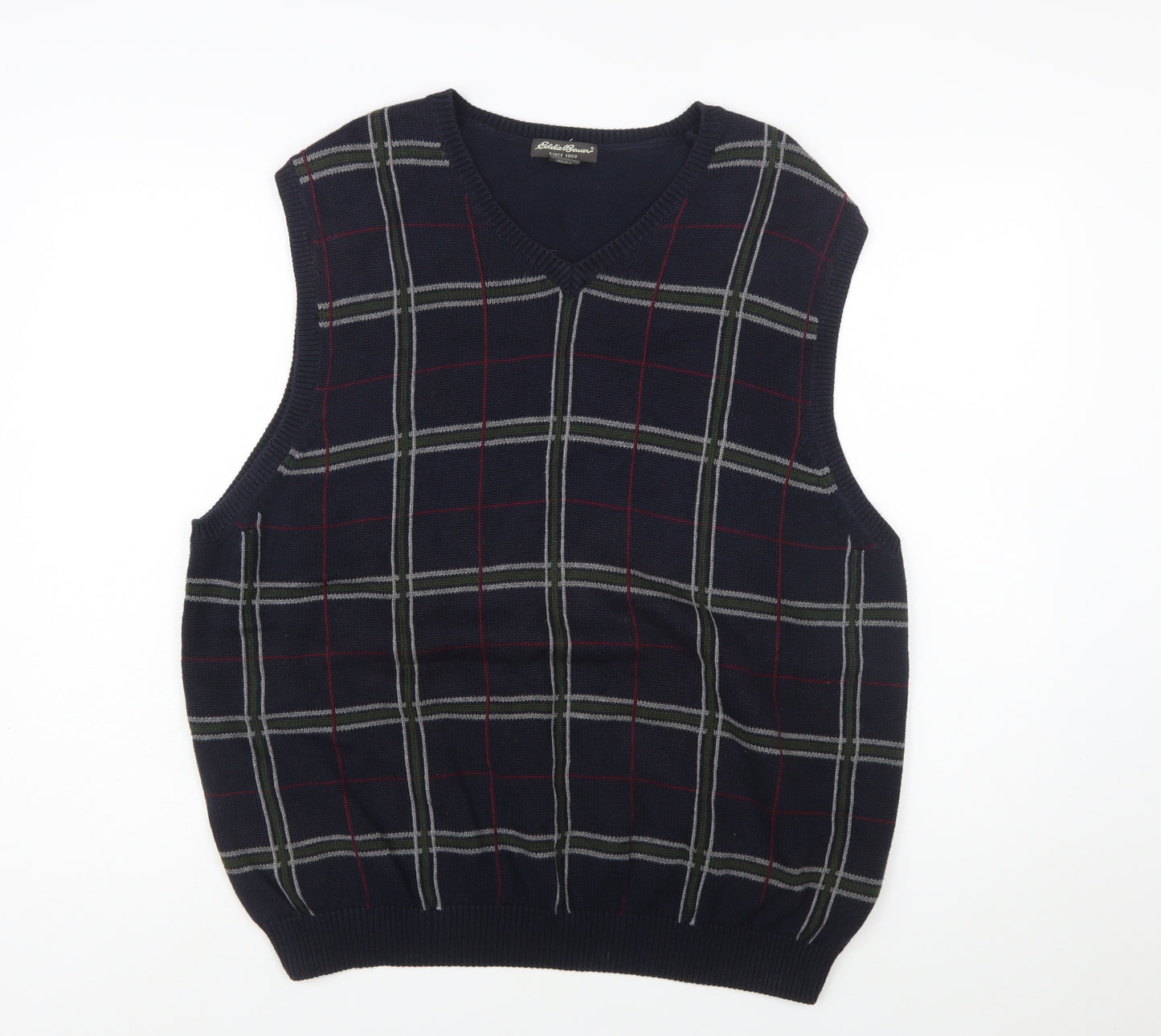 Eddie Bauer Men's Blue Check Cotton V-Neck Sleeveless Vest XL
