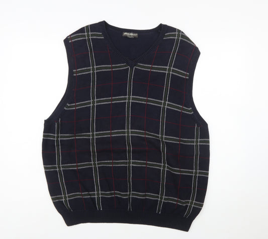 Eddie Bauer Men's Blue Check Cotton V-Neck Sleeveless Vest XL
