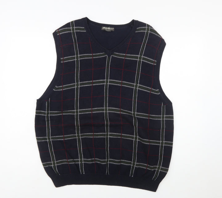 Eddie Bauer Men's Blue Check Cotton V-Neck Sleeveless Vest XL